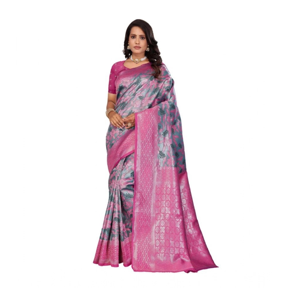 Generic Women's Banarasi Silk Jaquard Woven Saree With Unstitched Blouse 5.5Mtr (Pink)