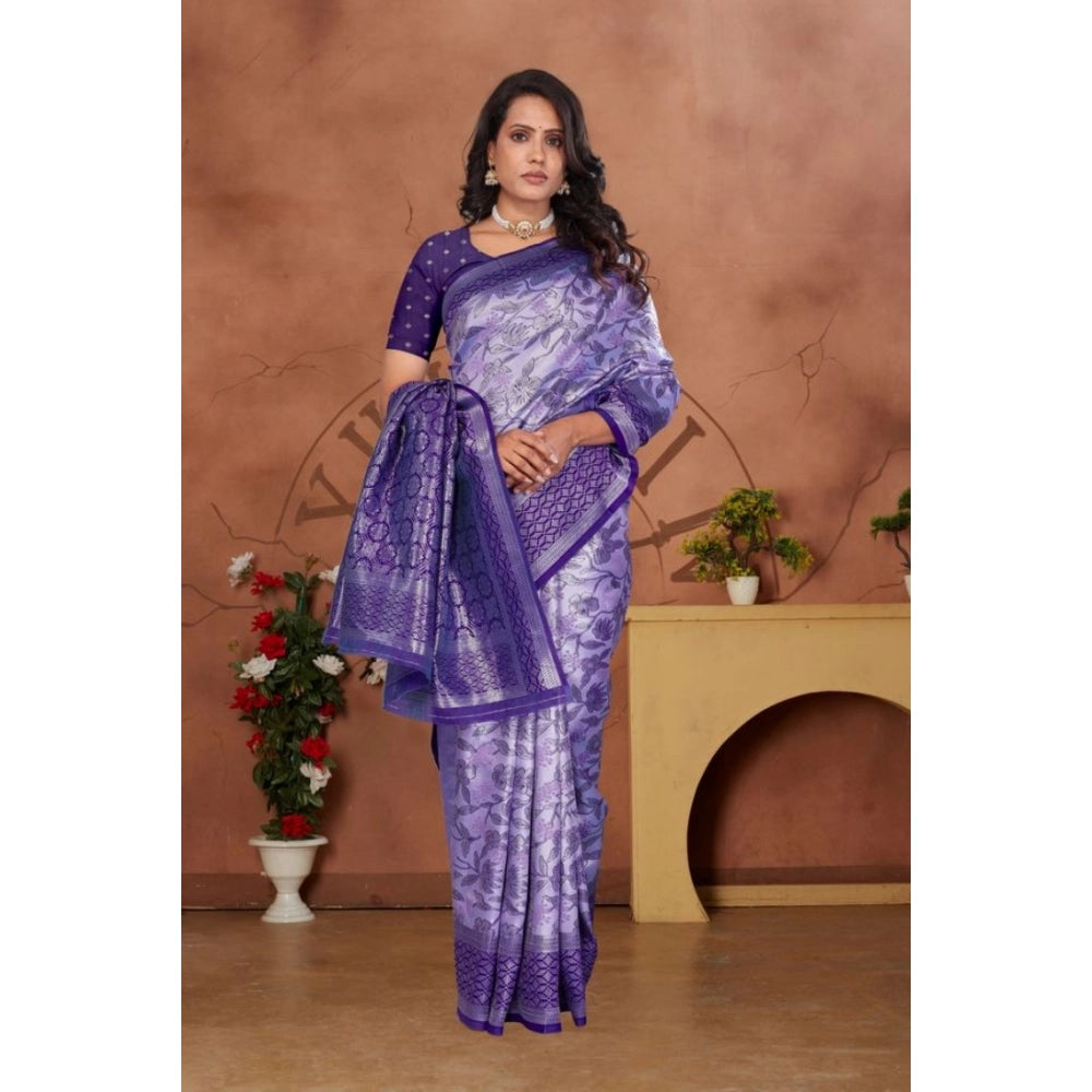 Generic Women's Banarasi Silk Jaquard Woven Saree With Unstitched Blouse 5.5Mtr (Purple)
