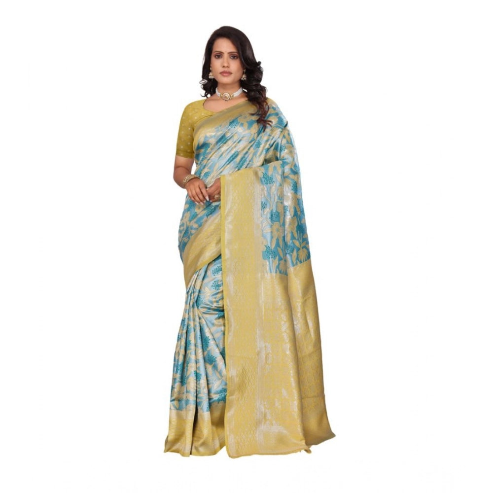 Generic Women's Banarasi Silk Jaquard Woven Saree With Unstitched Blouse 5.5Mtr (Yellow)