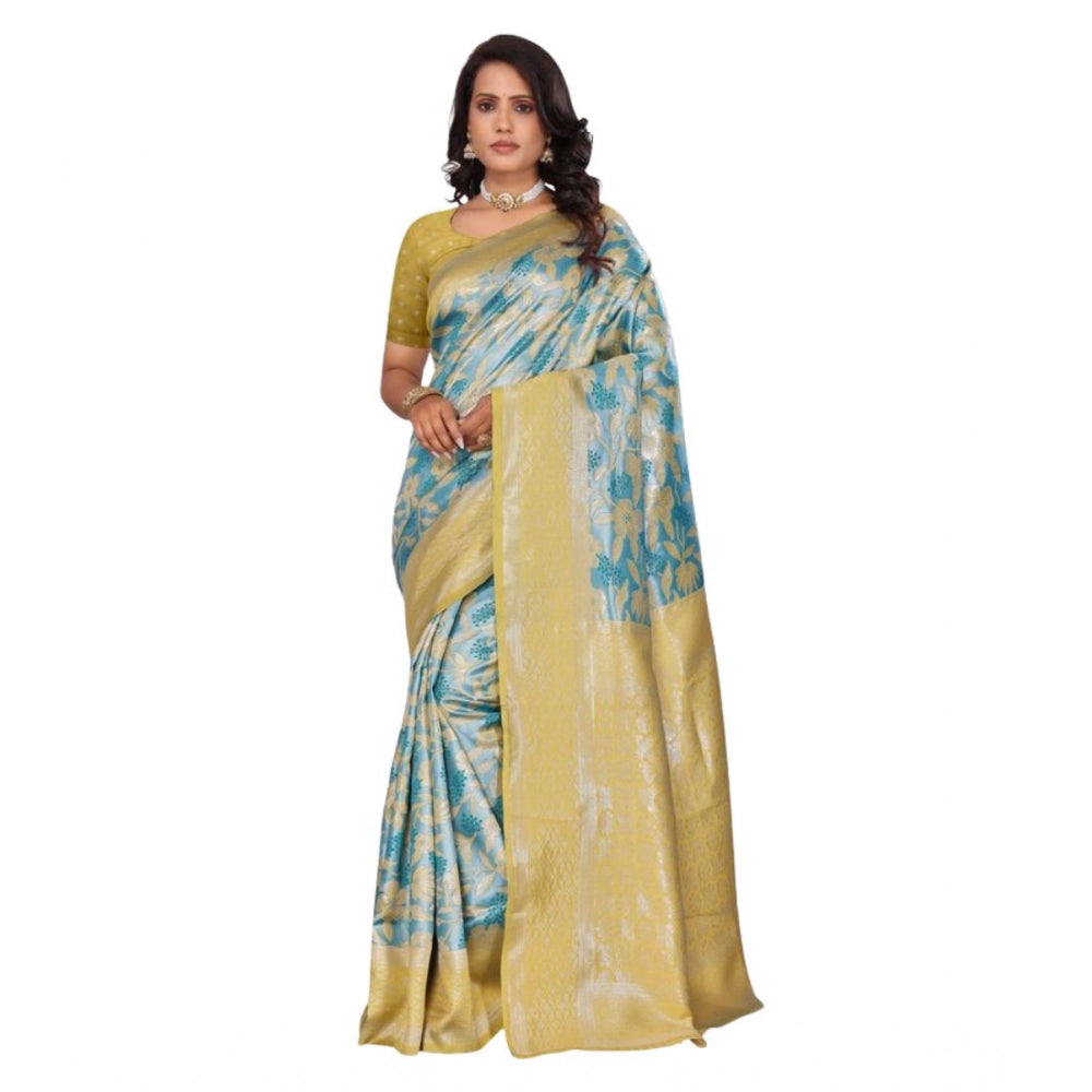 Generic Women's Banarasi Silk Jaquard Woven Saree With Unstitched Blouse 5.5Mtr (Yellow)
