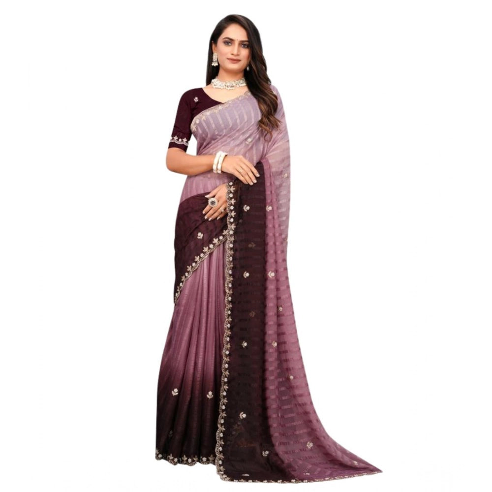 Generic Women's Chiffon Embroidred Saree With Unstitched Blouse 5.5Mtr (Beige)