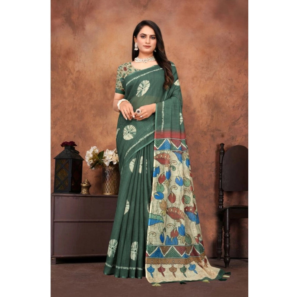Generic Women's Linen Printed Saree With Unstitched Blouse 5.5Mtr (Dark Green)