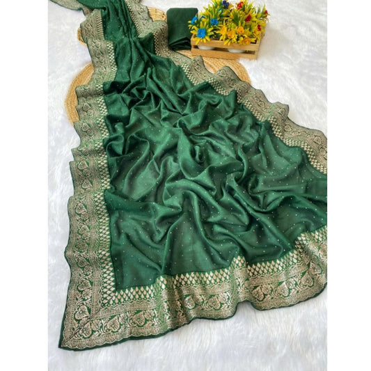 Generic Women's Silk Embroidred Saree With Unstitched Blouse 5.5Mtr (Dark Green)