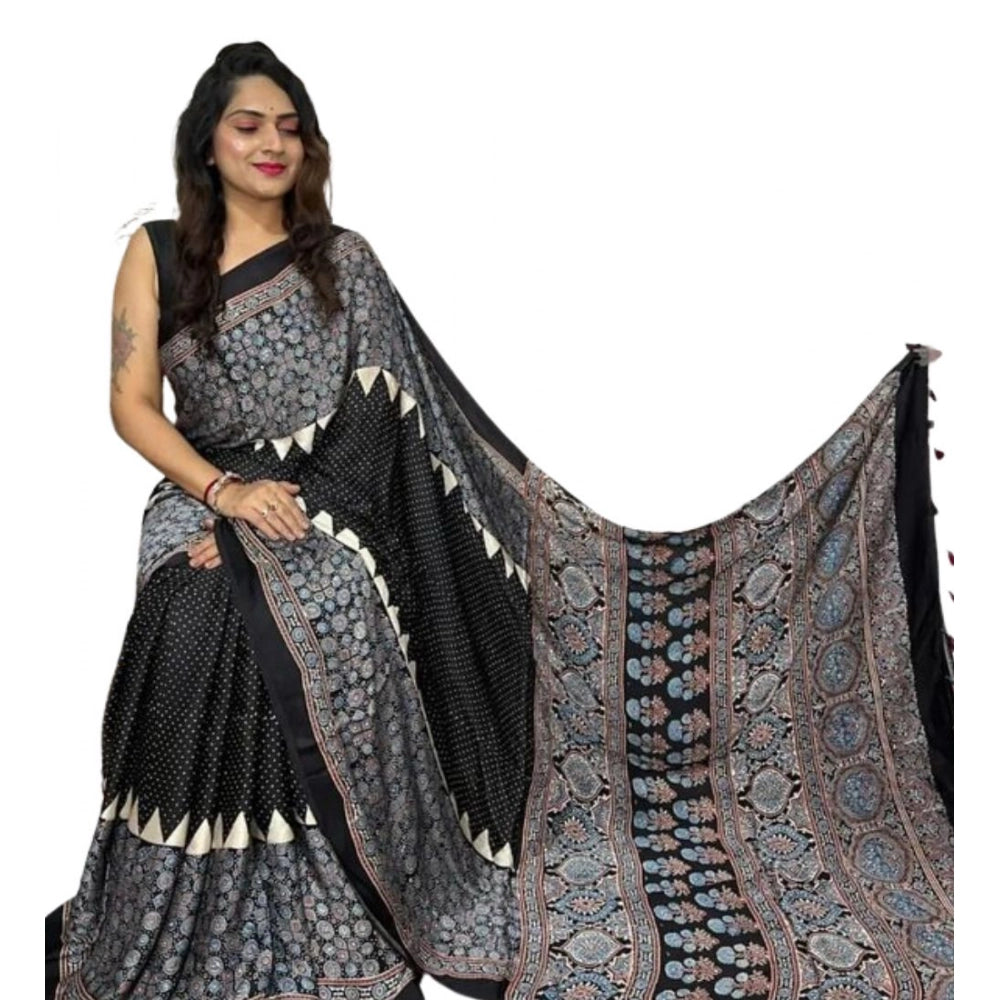 Generic Women's Satin Printed Saree With Unstitched Blouse 5.5Mtr (Black)