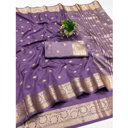 Generic Women's Jacquard Silk Jaquard Woven Saree With Unstitched Blouse 5.5Mtr (Purple)