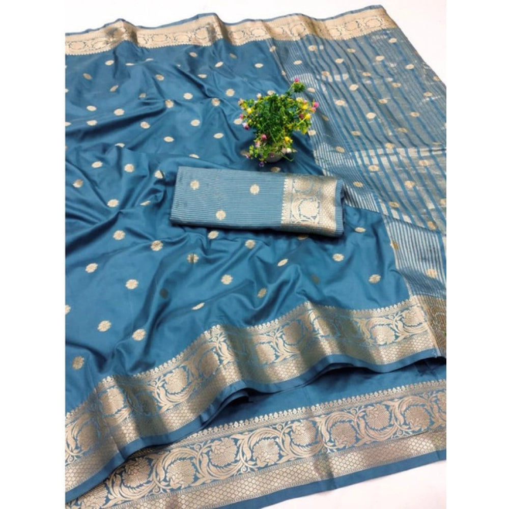 Generic Women's Jacquard Silk Jaquard Woven Saree With Unstitched Blouse 5.5Mtr (Light Blue)