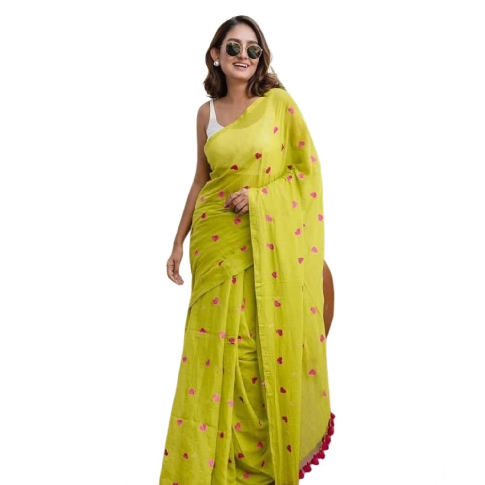 Generic Women's Linen Printed Saree With Unstitched Blouse 5.5Mtr (Light Green)