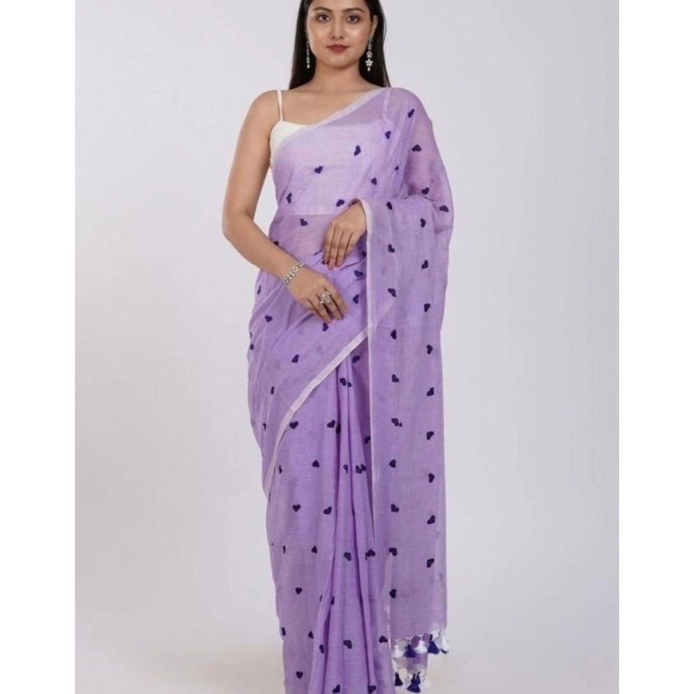 Generic Women's Linen Printed Saree With Unstitched Blouse 5.5Mtr (Purple)