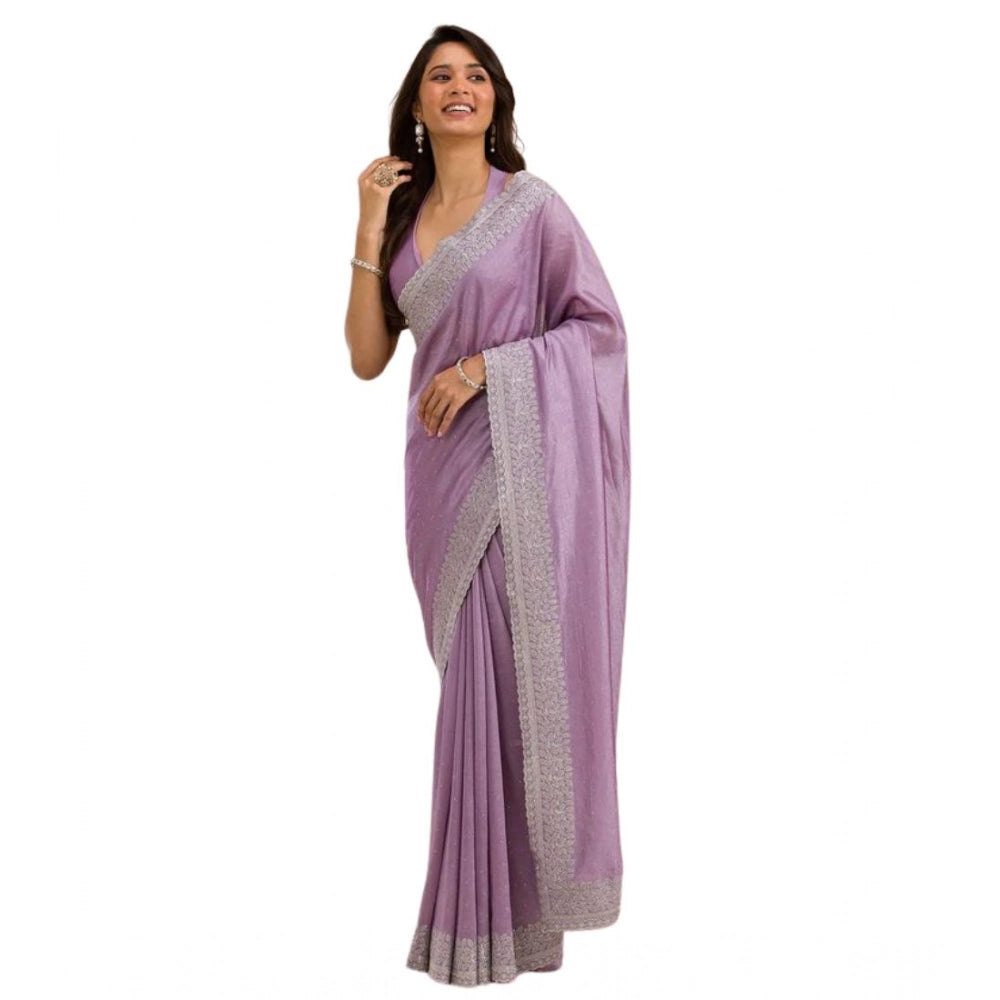 Generic Women's Silk Embroidred Saree With Unstitched Blouse 5.5Mtr (Purple)