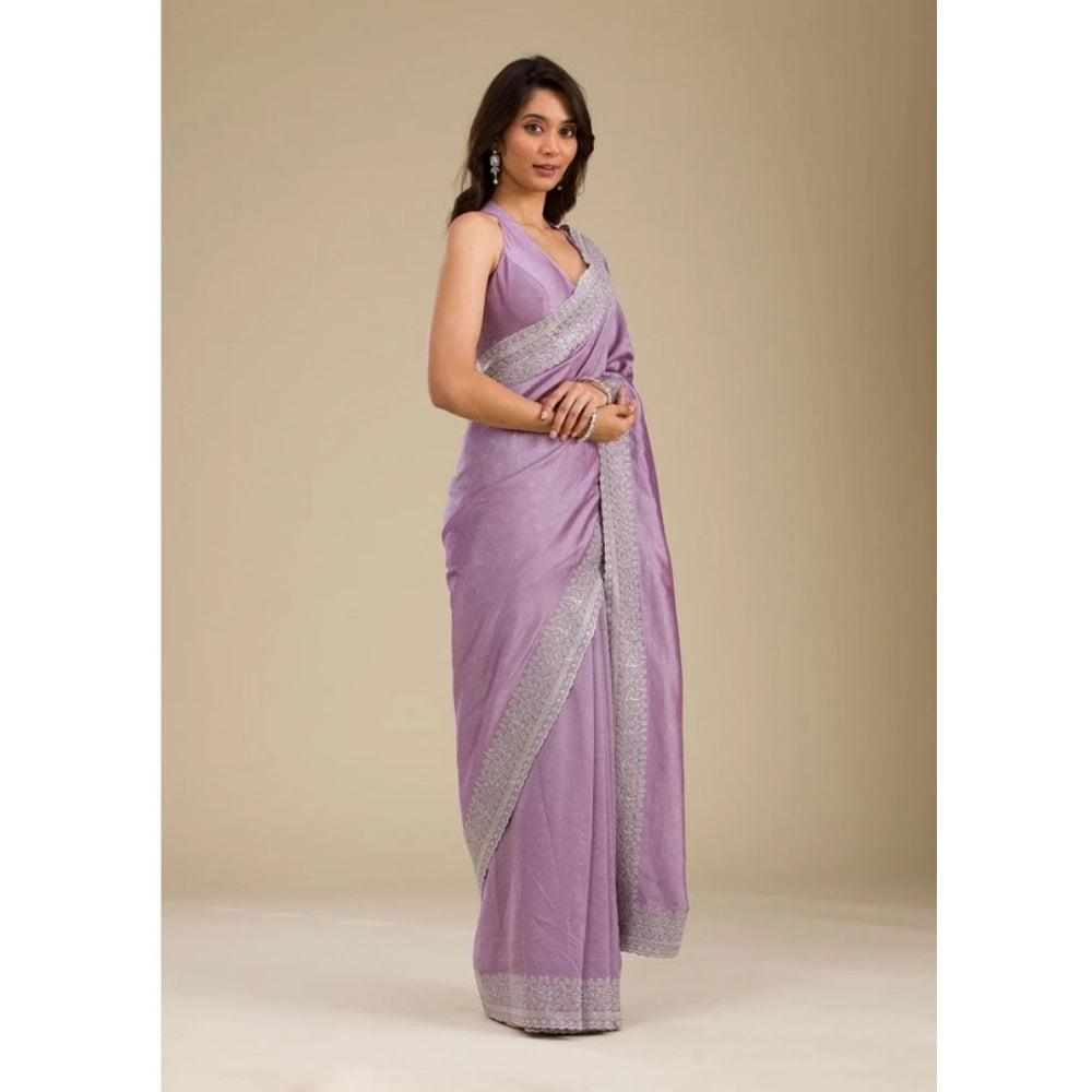 Generic Women's Silk Embroidred Saree With Unstitched Blouse 5.5Mtr (Purple)