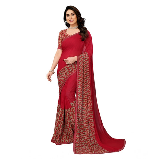 Women's Red Georgette Printed Saree With Unstitched Blouse 5.5Mtr