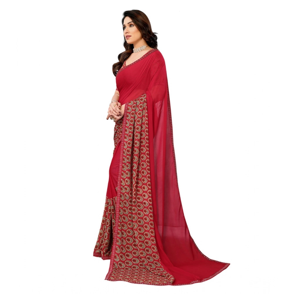 Women's Red Georgette Printed Saree With Unstitched Blouse 5.5Mtr