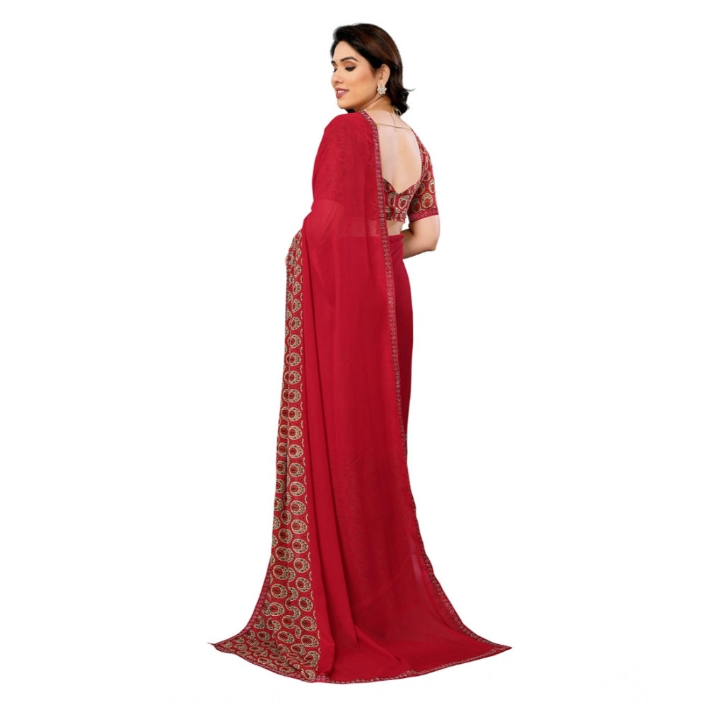 Women's Red Georgette Printed Saree With Unstitched Blouse 5.5Mtr