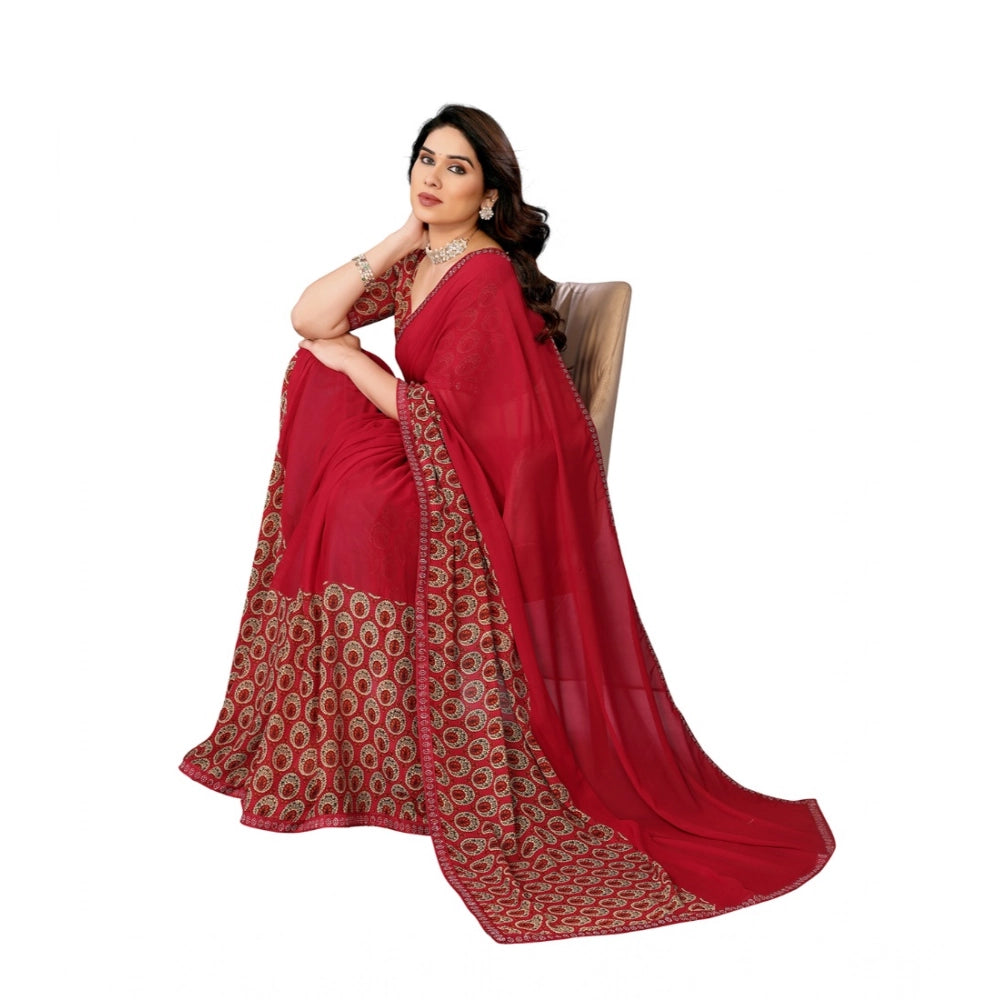 Women's Red Georgette Printed Saree With Unstitched Blouse 5.5Mtr