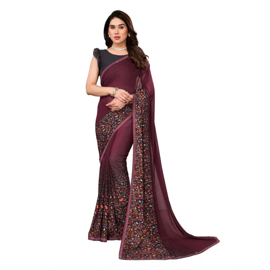 Women's Maroon Georgette Printed Saree With Unstitched Blouse 5.5Mtr