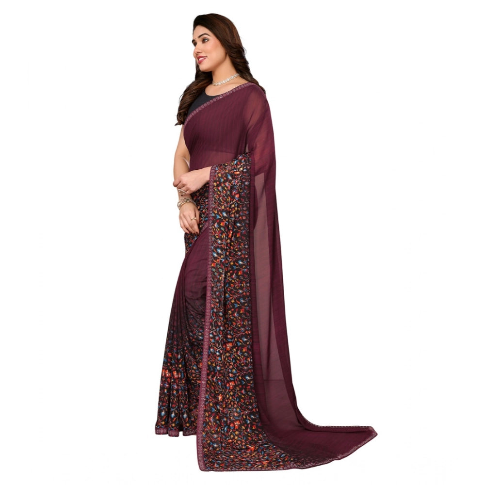 Women's Maroon Georgette Printed Saree With Unstitched Blouse 5.5Mtr