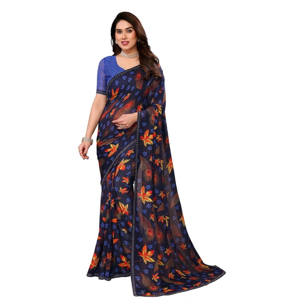 Women's Blue Georgette Printed Saree With Unstitched Blouse 5.5Mtr