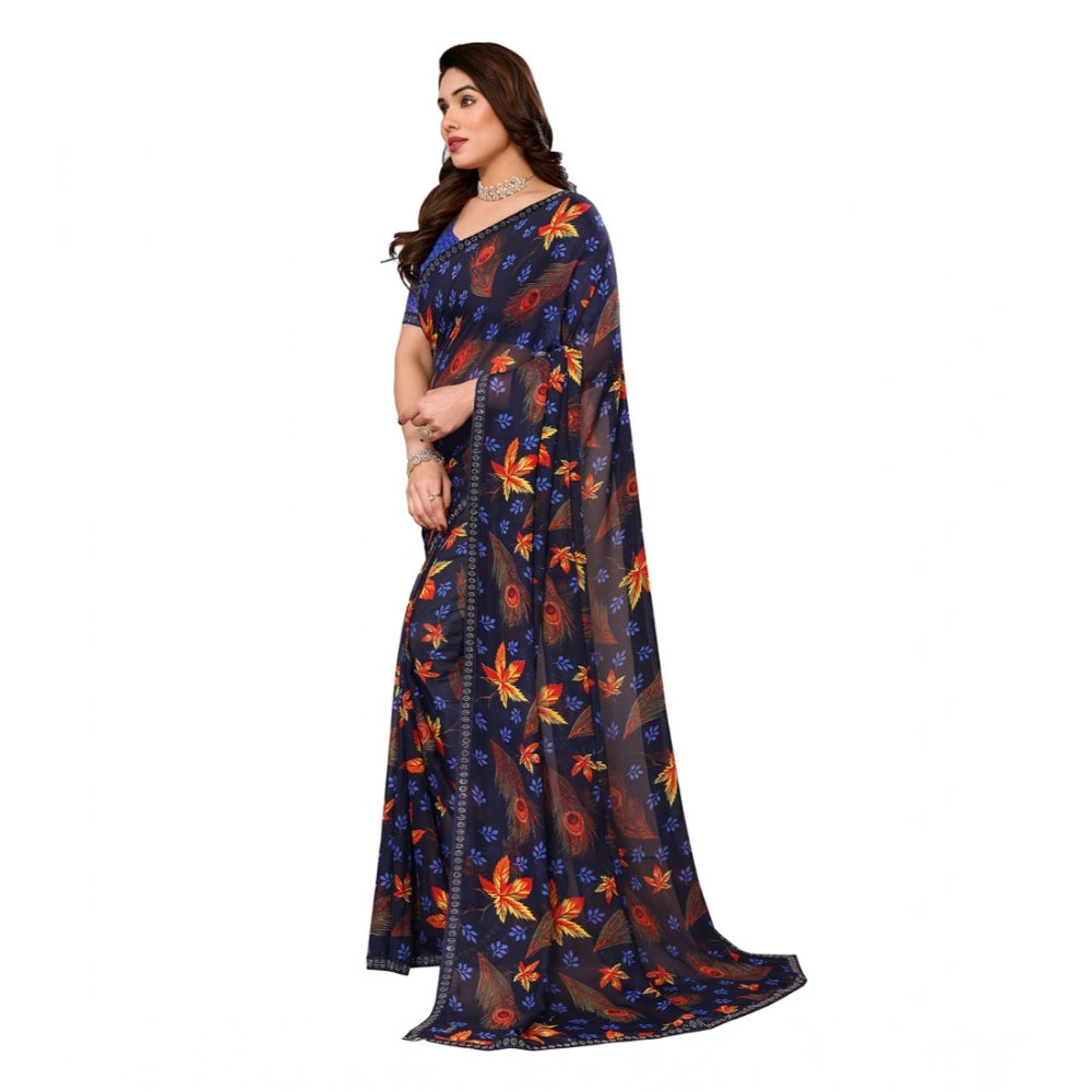 Women's Blue Georgette Printed Saree With Unstitched Blouse 5.5Mtr