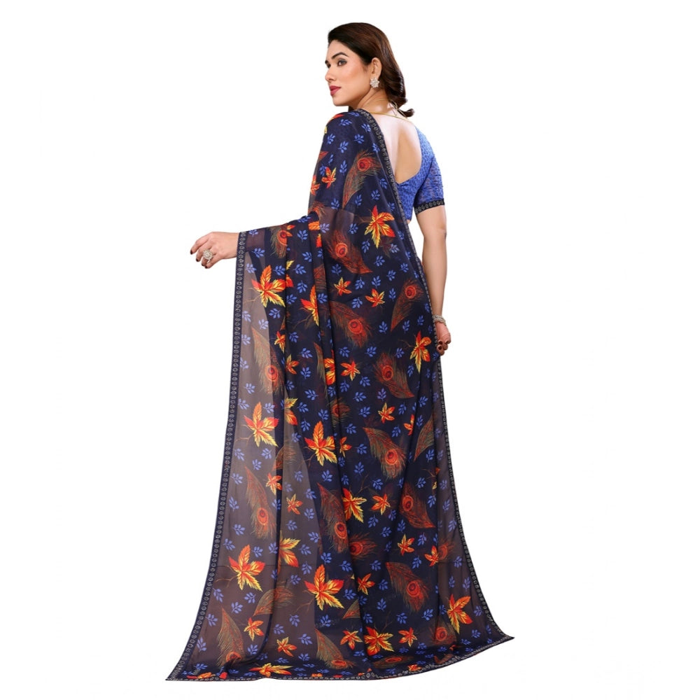 Women's Blue Georgette Printed Saree With Unstitched Blouse 5.5Mtr