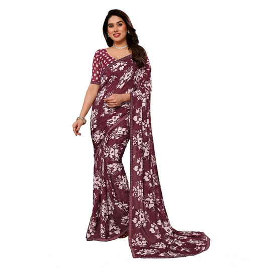 Women's Brown Georgette Printed Saree With Unstitched Blouse 5.5Mtr