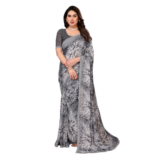 Women's Grey Georgette Printed Saree With Unstitched Blouse 5.5Mtr