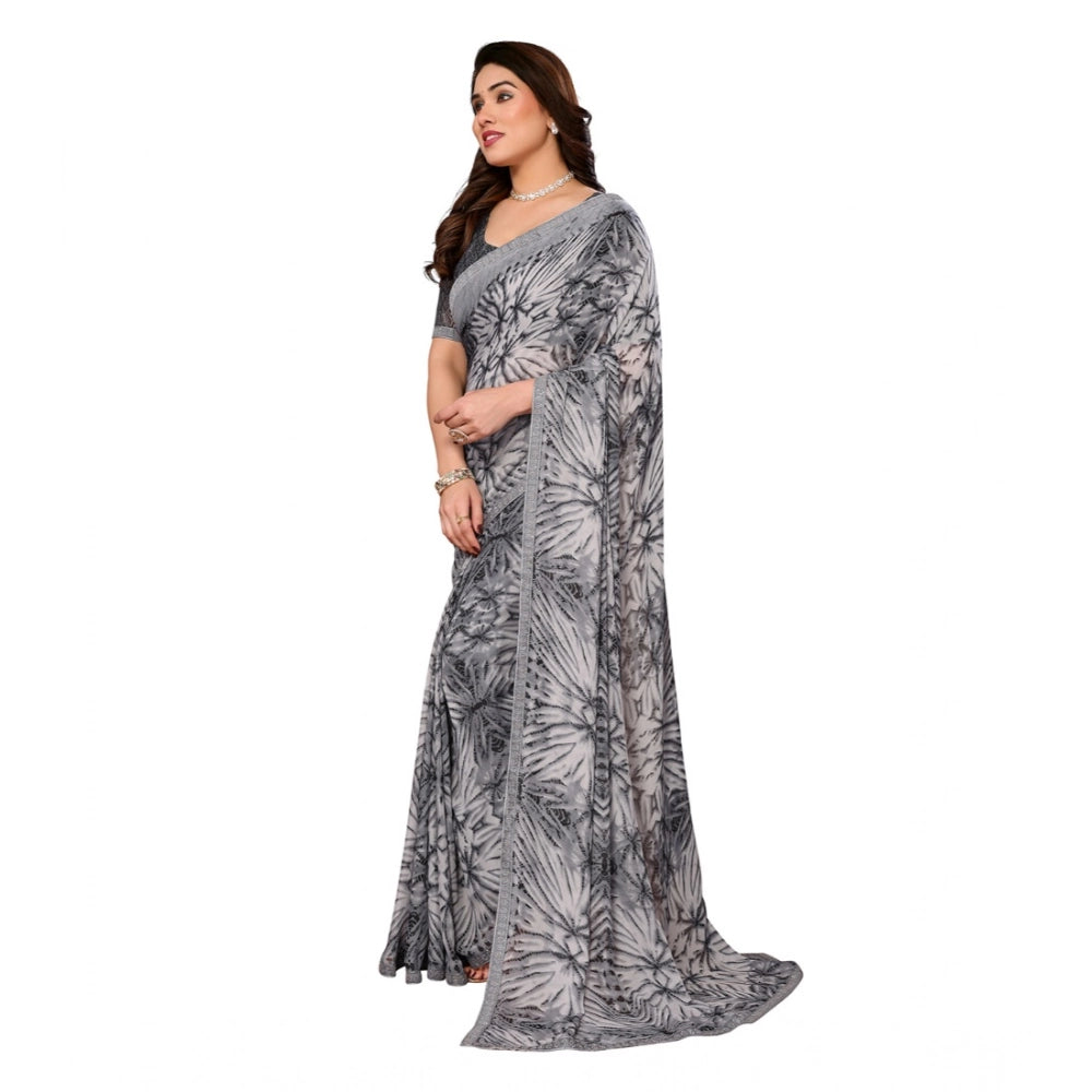 Women's Grey Georgette Printed Saree With Unstitched Blouse 5.5Mtr
