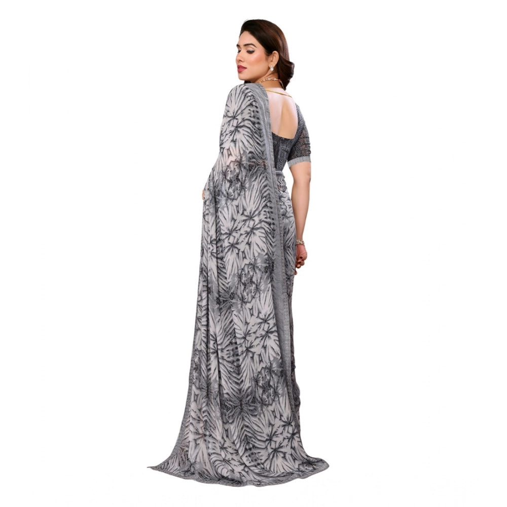 Women's Grey Georgette Printed Saree With Unstitched Blouse 5.5Mtr