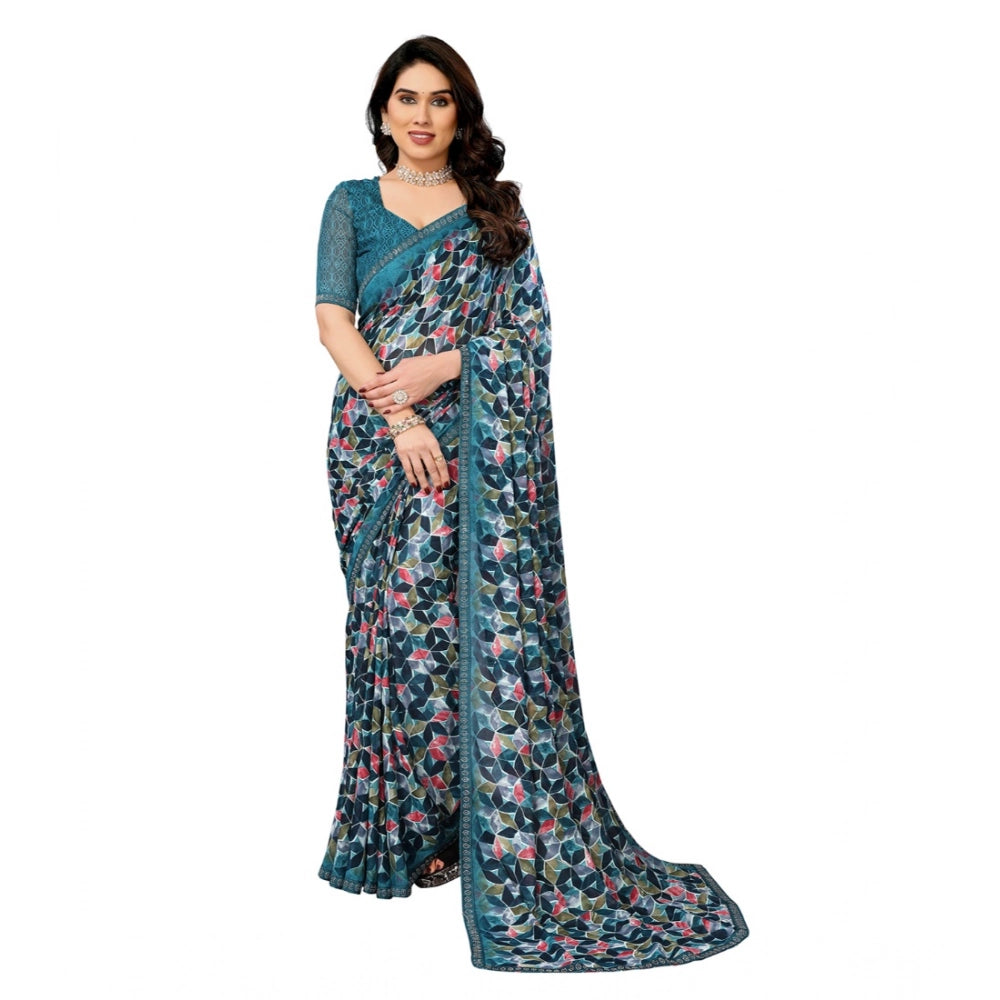 Women's Sky Blue Georgette Printed Saree With Unstitched Blouse 5.5Mtr