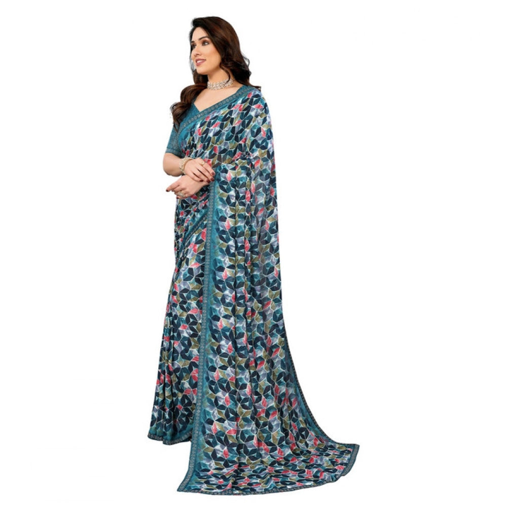 Women's Sky Blue Georgette Printed Saree With Unstitched Blouse 5.5Mtr