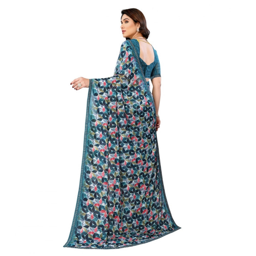 Women's Sky Blue Georgette Printed Saree With Unstitched Blouse 5.5Mtr