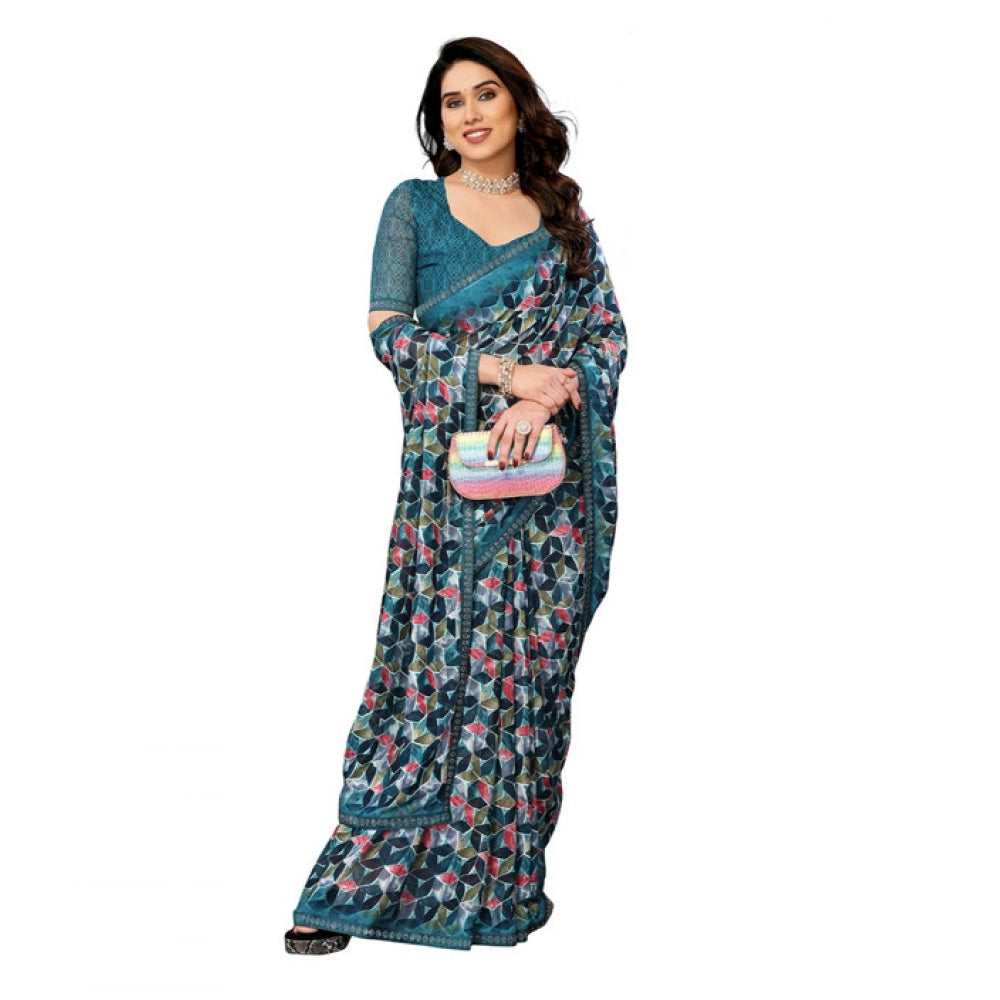 Women's Sky Blue Georgette Printed Saree With Unstitched Blouse 5.5Mtr
