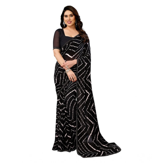 Women's Black Georgette Printed Saree With Unstitched Blouse 5.5Mtr