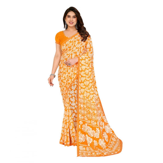 Women's Yellow Georgette Printed Saree With Unstitched Blouse 5.5Mtr