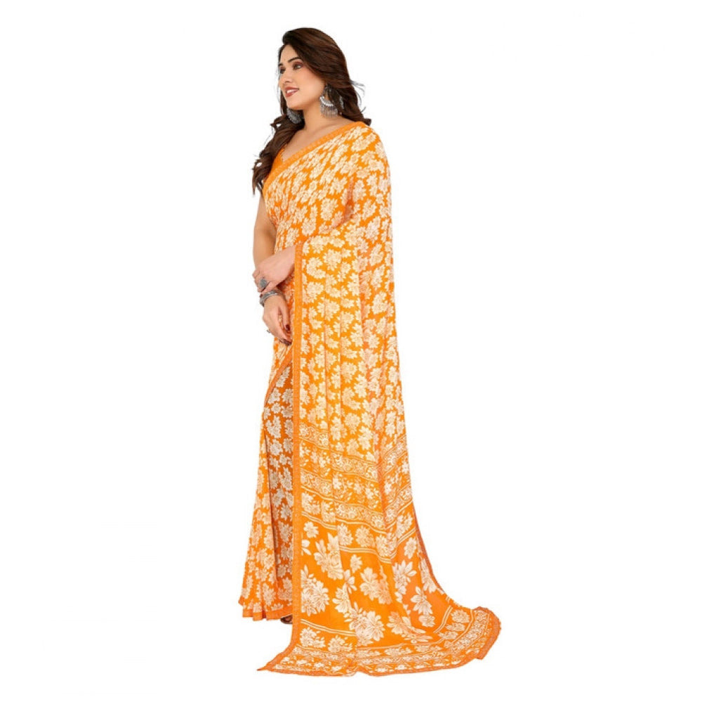 Women's Yellow Georgette Printed Saree With Unstitched Blouse 5.5Mtr
