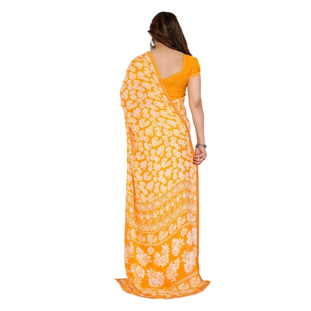 Women's Yellow Georgette Printed Saree With Unstitched Blouse 5.5Mtr