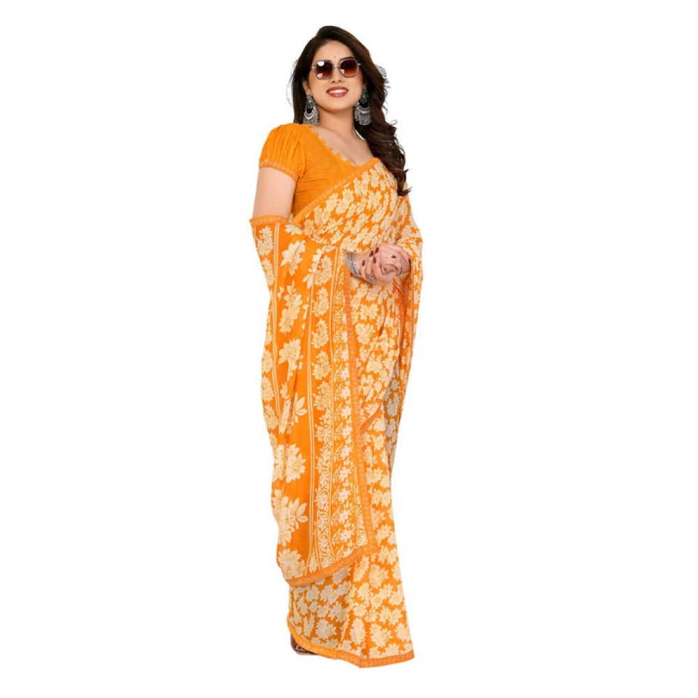 Women's Yellow Georgette Printed Saree With Unstitched Blouse 5.5Mtr