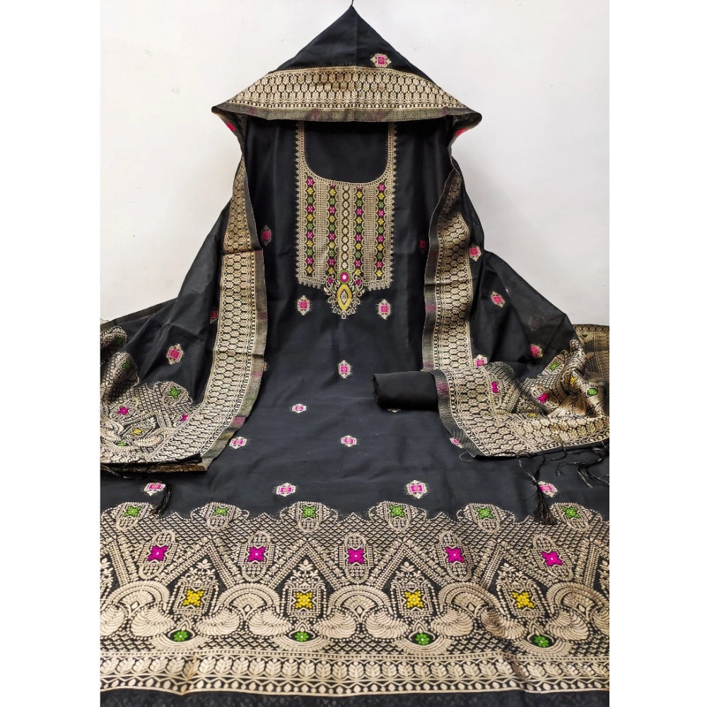 Generic Women's Banarasi Silk Printed Unstitched Salwar Suit Material With Dupatta (Black, 3Mtrs)