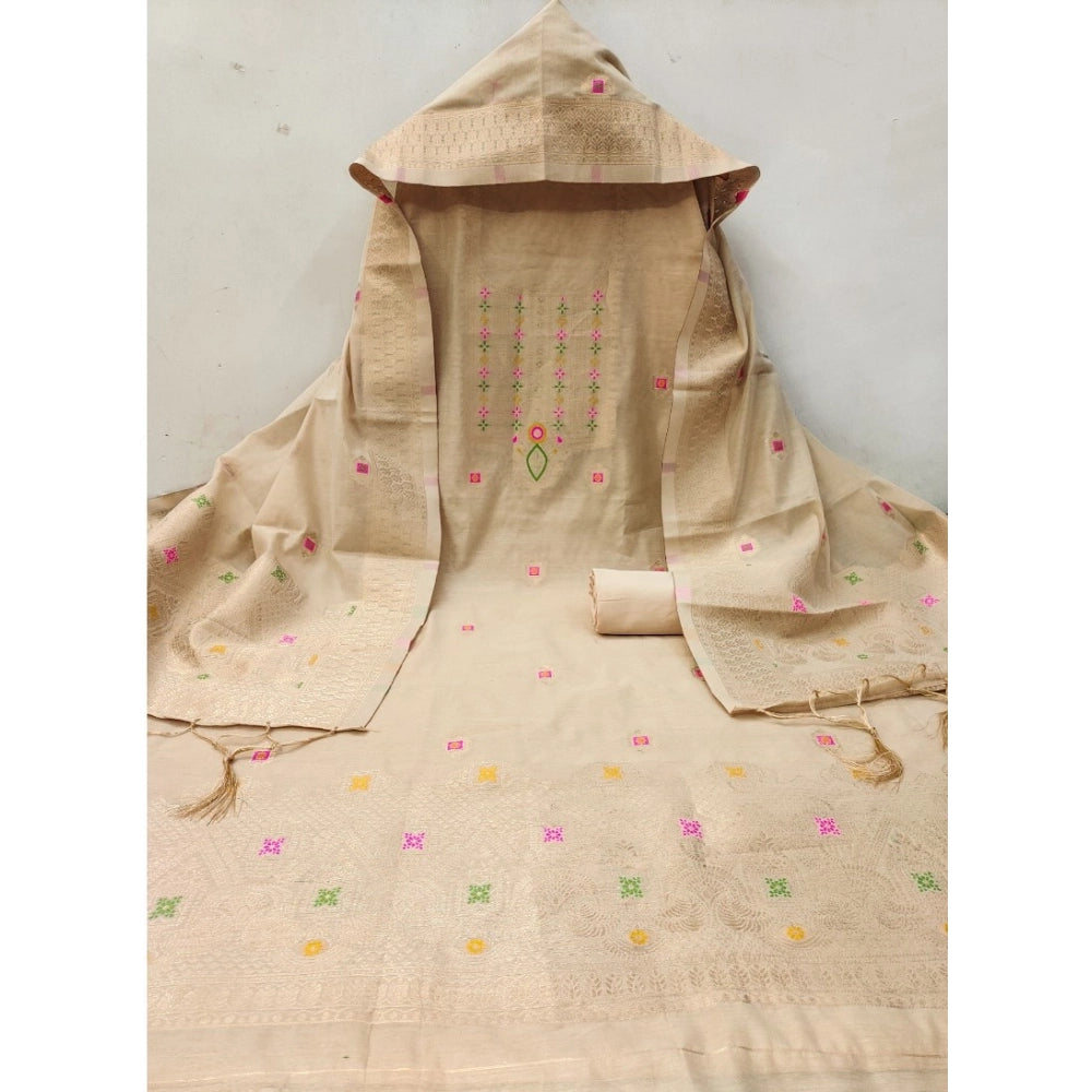 Generic Women's Banarasi Silk Printed Unstitched Salwar Suit Material With Dupatta (Cream, 3Mtrs)
