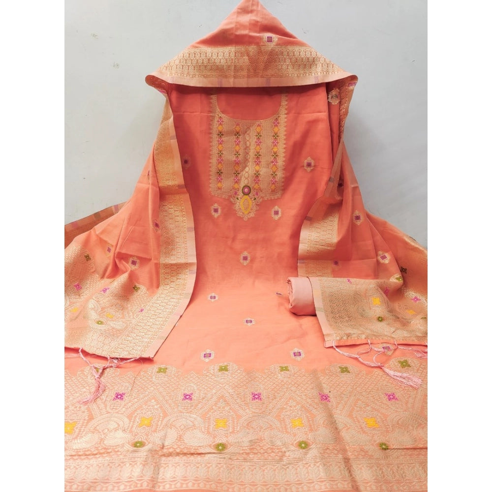 Generic Women's Banarasi Silk Printed Unstitched Salwar Suit Material With Dupatta (Peach, 3Mtrs)