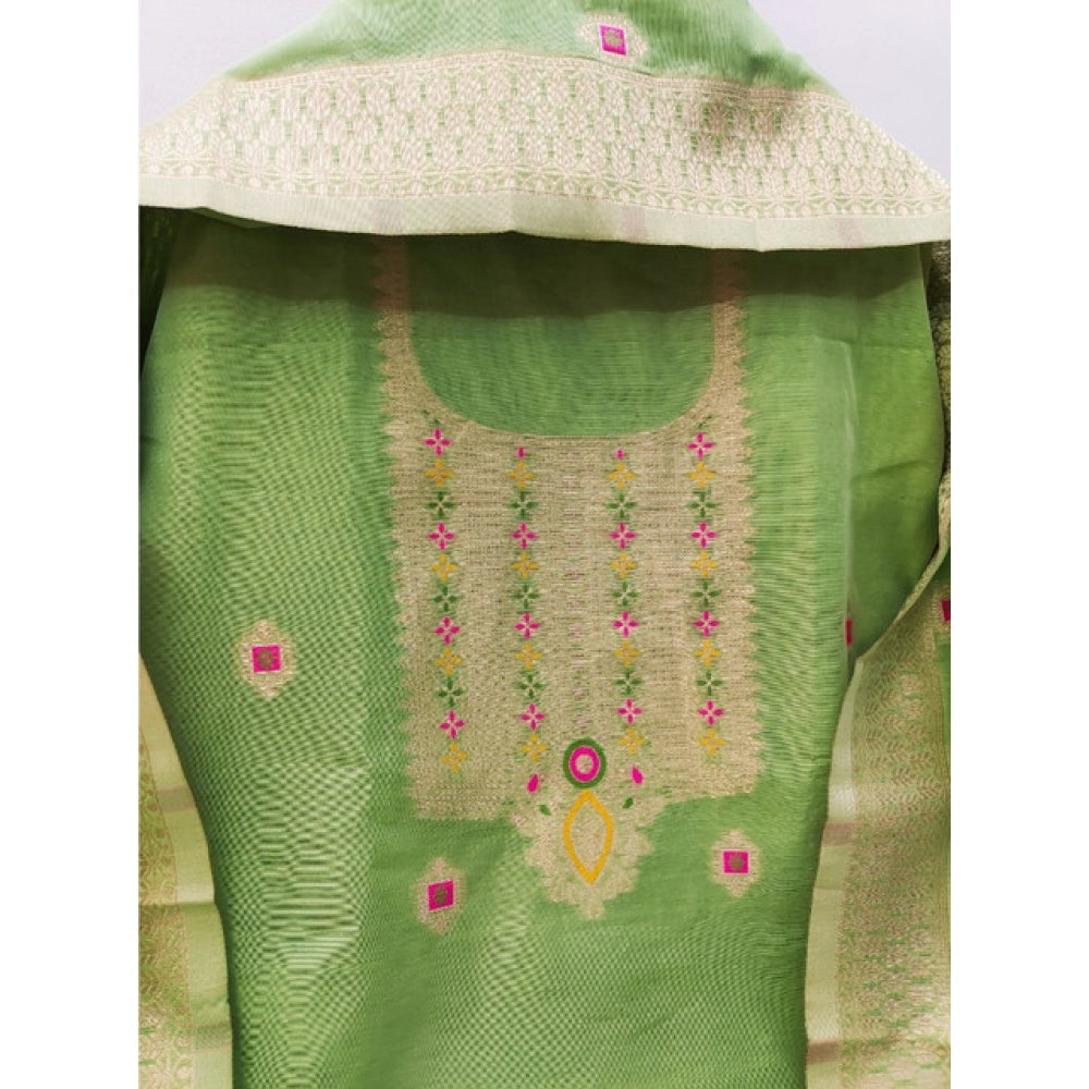 Generic Women's Banarasi Silk Printed Unstitched Salwar Suit Material With Dupatta (Pista, 3Mtrs)