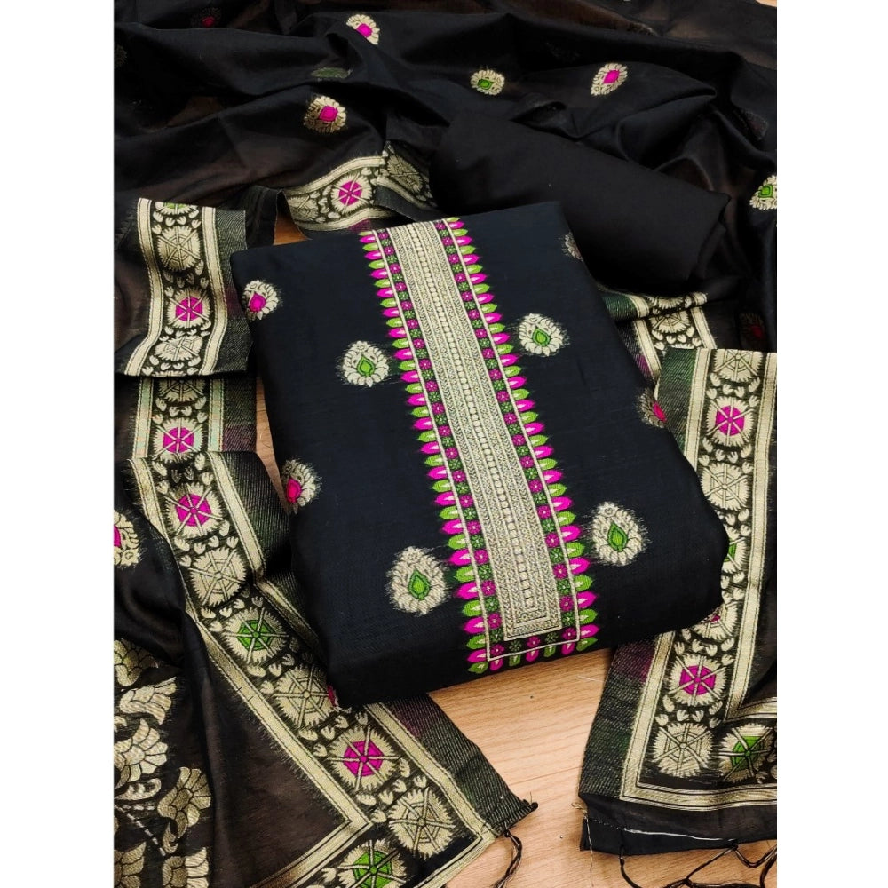 Generic Women's Banarasi Silk Printed Unstitched Salwar Suit Material With Dupatta (Black, 3Mtrs)