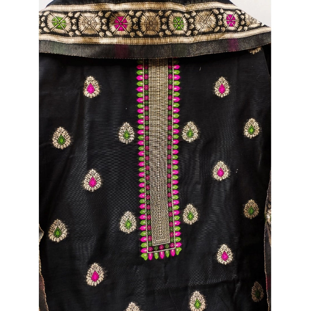 Generic Women's Banarasi Silk Printed Unstitched Salwar Suit Material With Dupatta (Black, 3Mtrs)