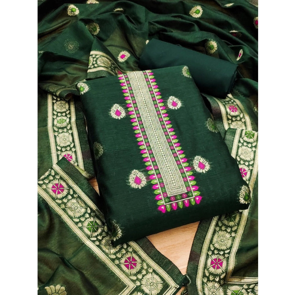 Generic Women's Banarasi Silk Printed Unstitched Salwar Suit Material With Dupatta (Bottle Green, 3Mtrs)