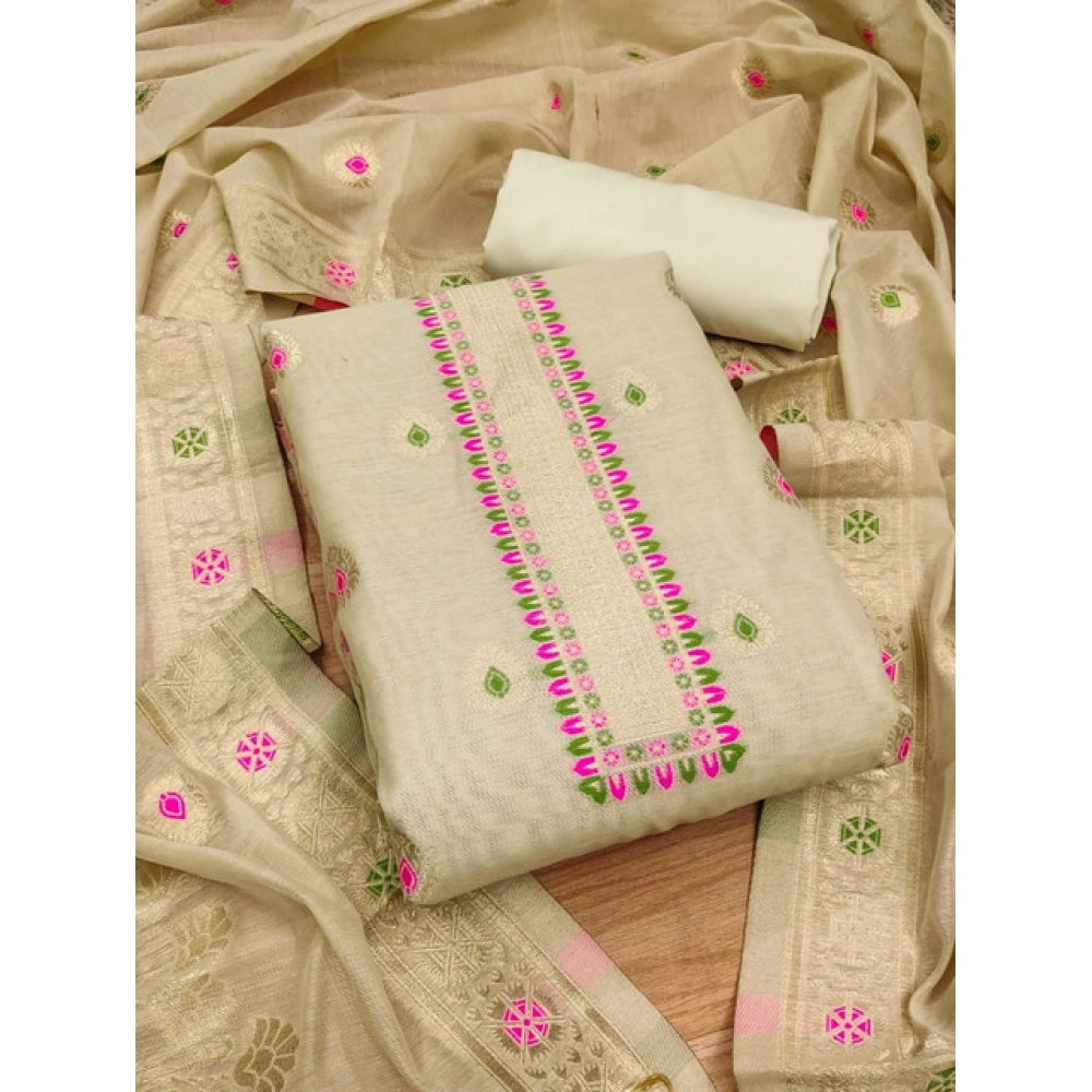 Generic Women's Banarasi Silk Printed Unstitched Salwar Suit Material With Dupatta (Cream, 3Mtrs)