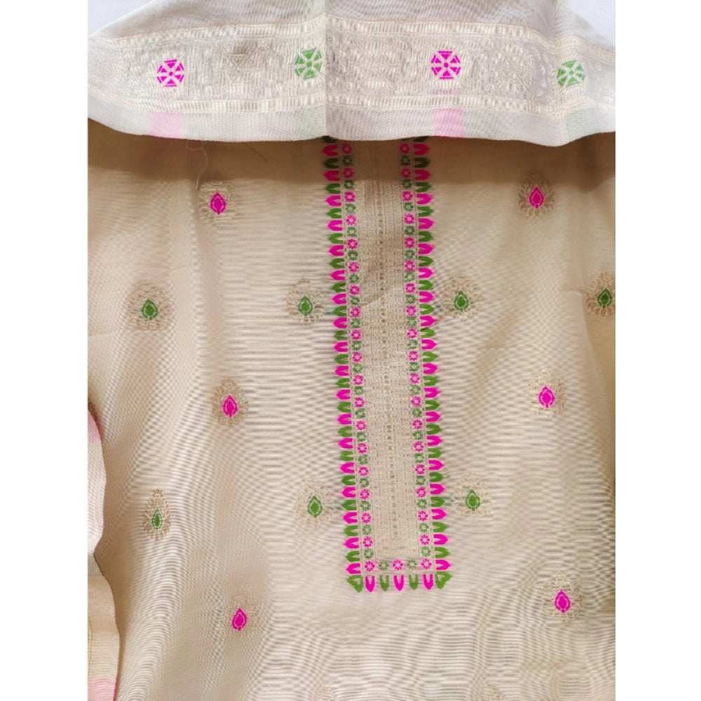 Generic Women's Banarasi Silk Printed Unstitched Salwar Suit Material With Dupatta (Cream, 3Mtrs)