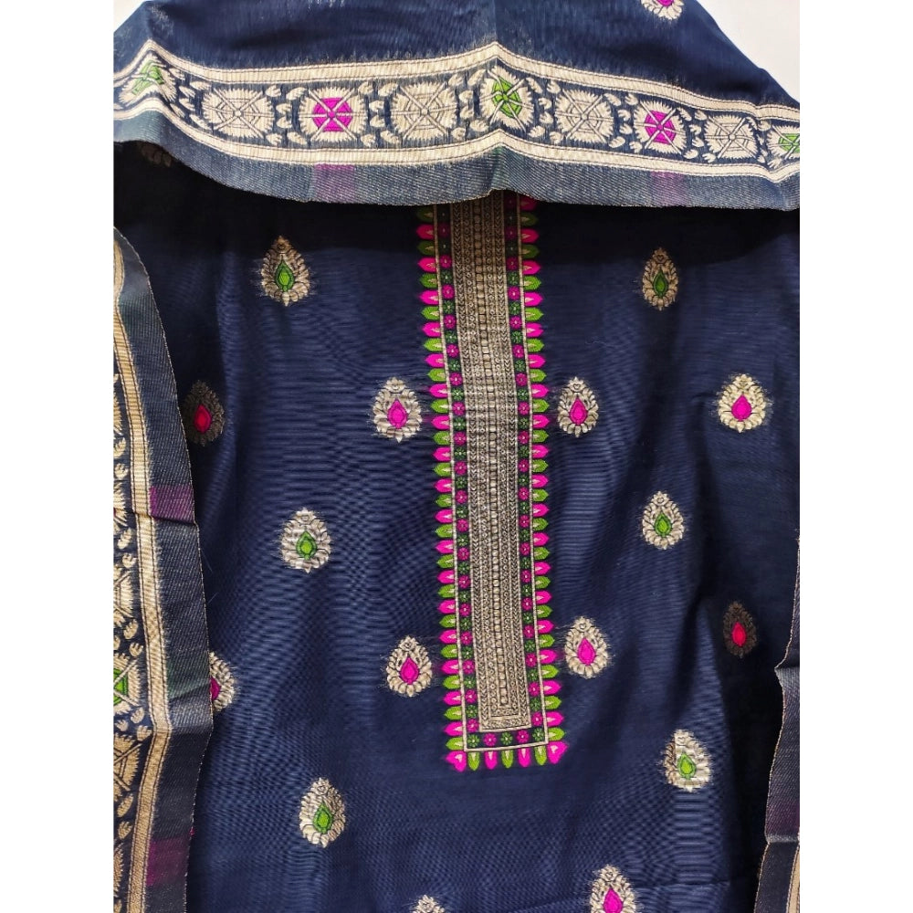 Generic Women's Banarasi Silk Printed Unstitched Salwar Suit Material With Dupatta (Navy Blue, 3Mtrs)