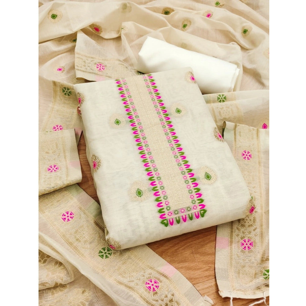 Generic Women's Banarasi Silk Printed Unstitched Salwar Suit Material With Dupatta (White, 3Mtrs)