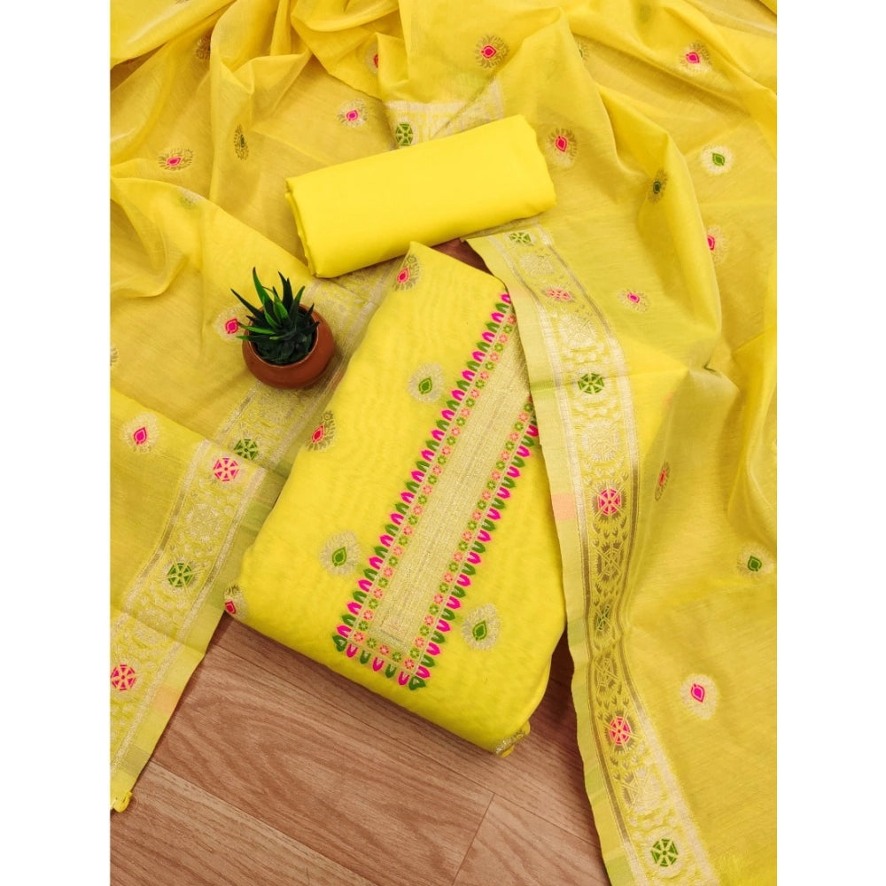 Generic Women's Banarasi Silk Printed Unstitched Salwar Suit Material With Dupatta (Yellow, 3Mtrs)