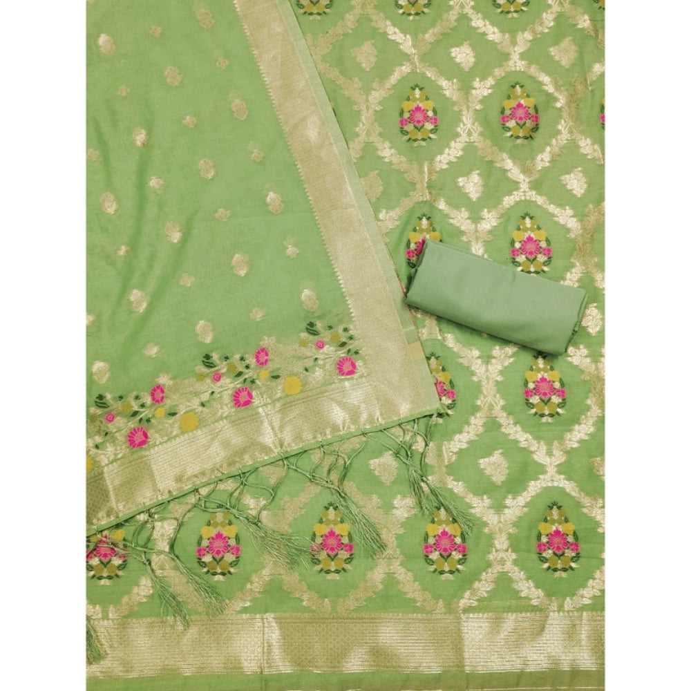 Generic Women's Banarasi Silk Printed Unstitched Salwar Suit Material With Dupatta (Pista, 3Mtrs)