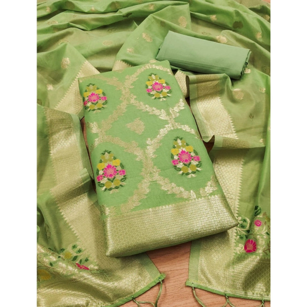 Generic Women's Banarasi Silk Printed Unstitched Salwar Suit Material With Dupatta (Pista, 3Mtrs)